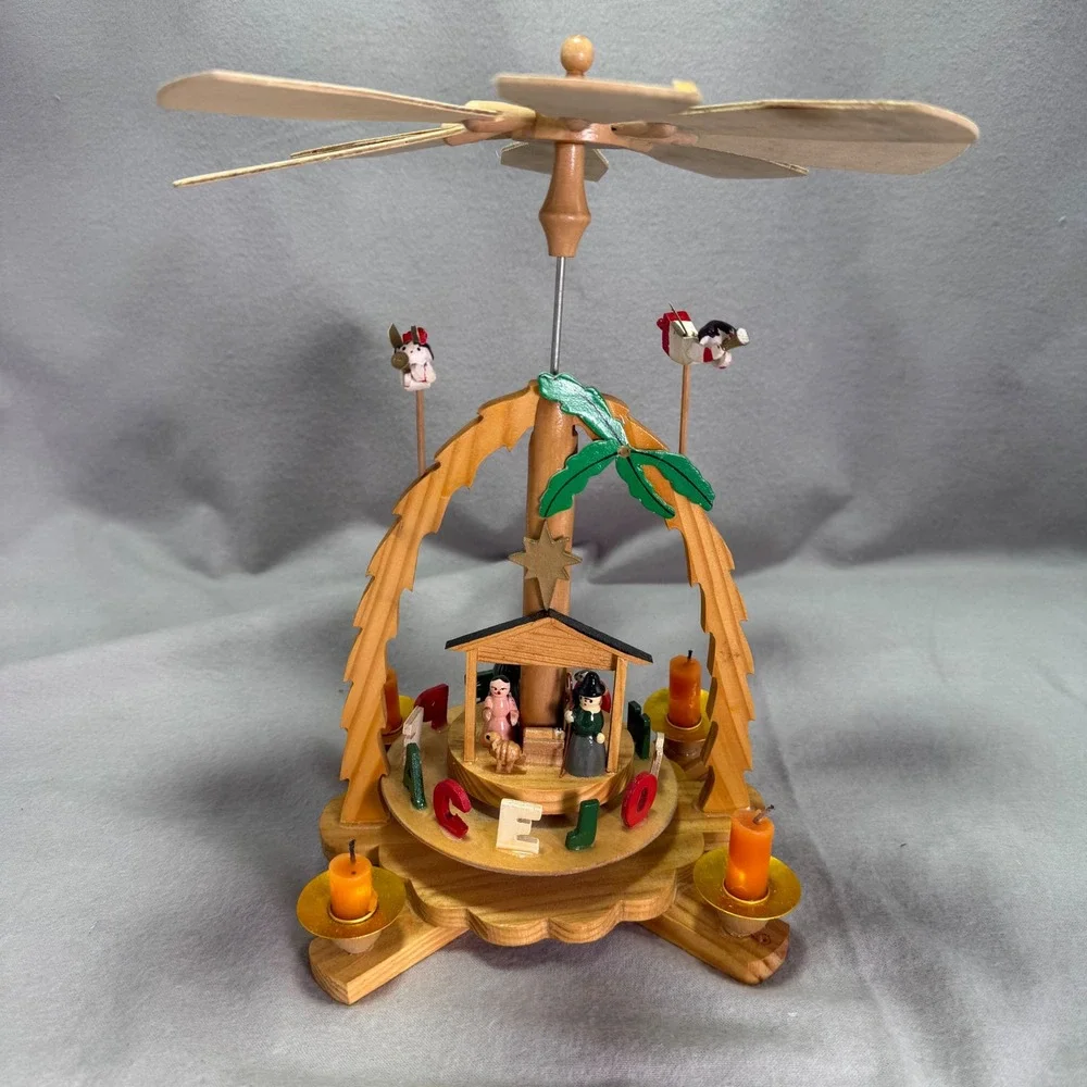 Holly Tree Nativity Carousel Single Tier Candle Tower Vintage Christmas Decor